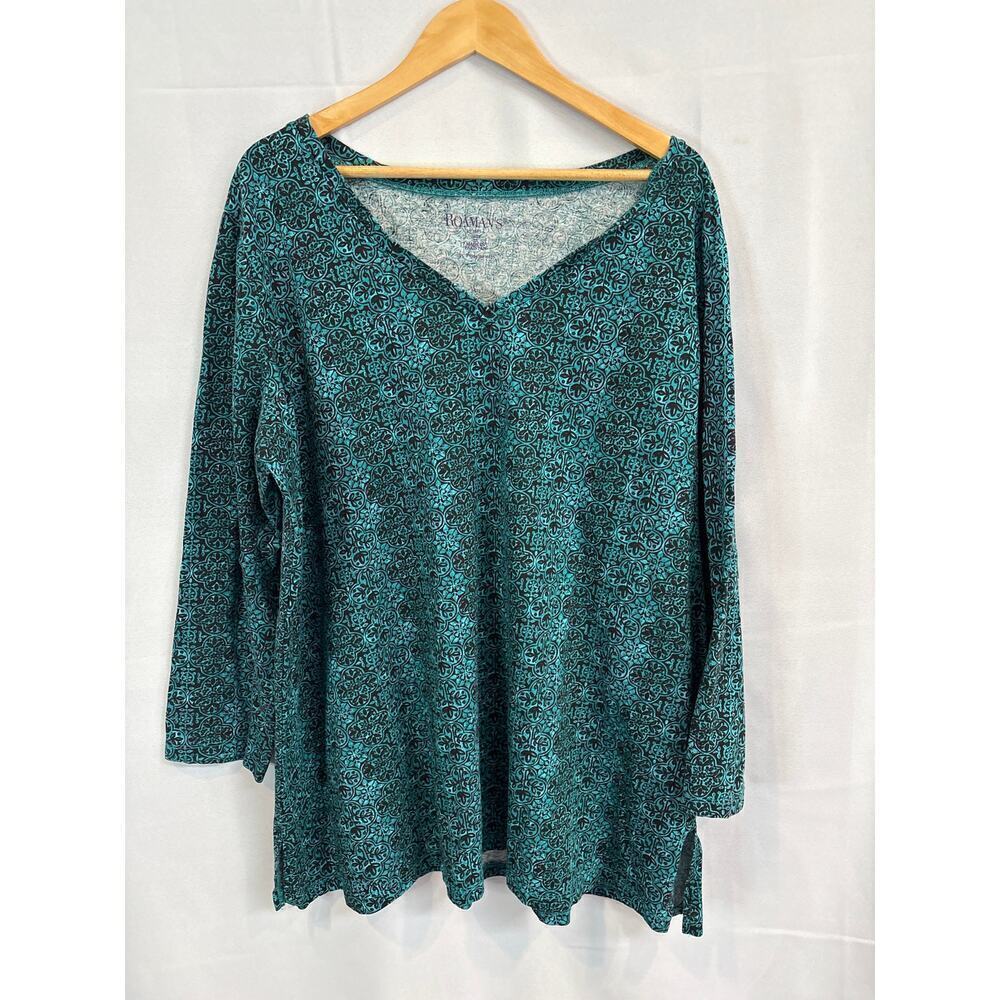 Women’s Roaman’s Size 2X (26/28) Long Sleeve V-Neck Teal & Black Patterned Shirt